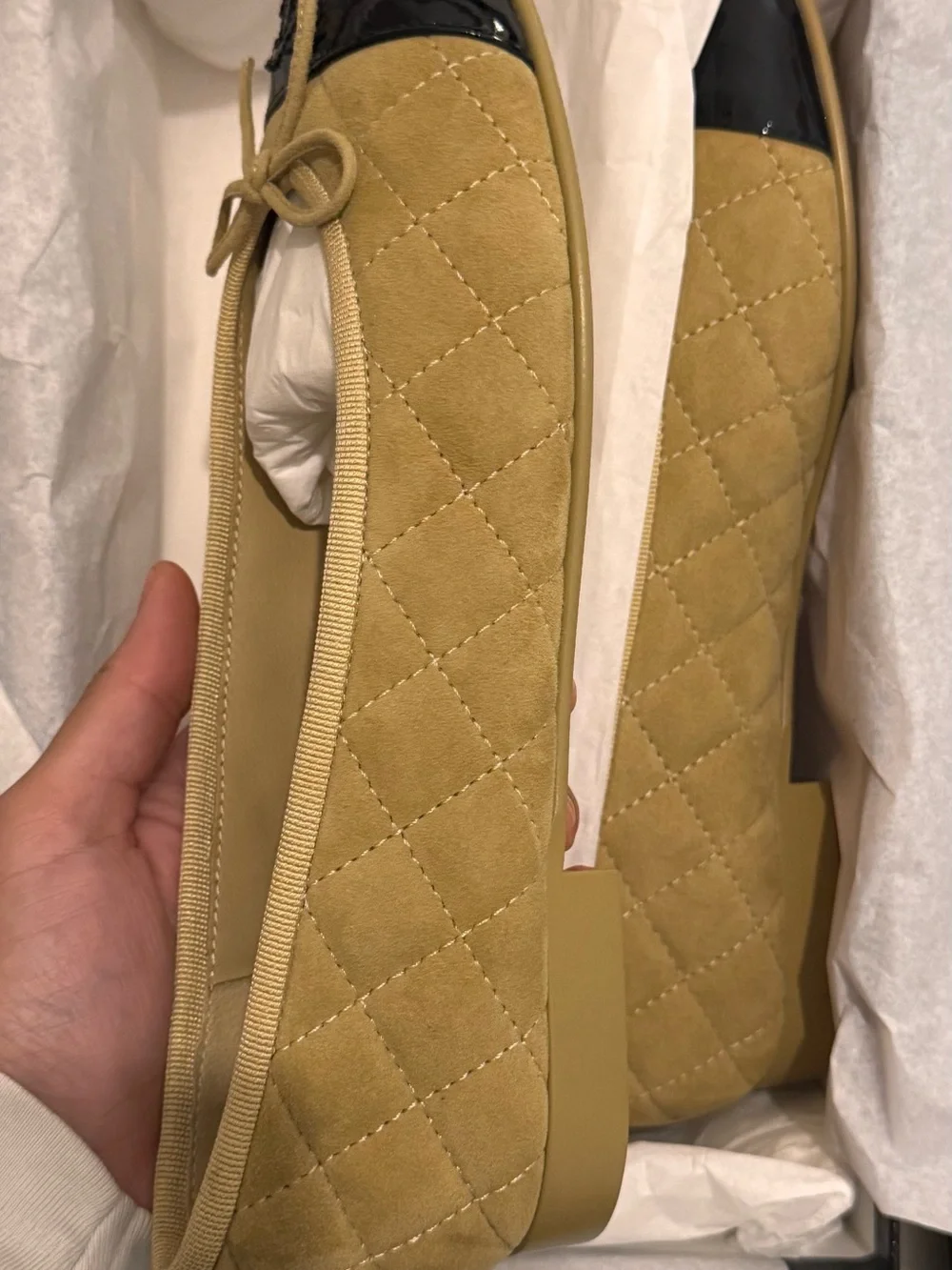 Suede Quilted Ballerina Flats with Patent Cap Toe - Tan